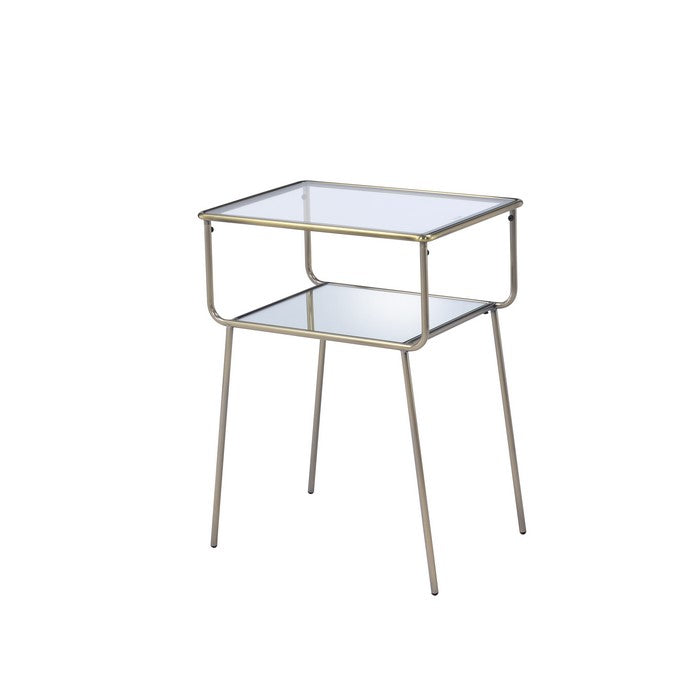 Glass Top End Table with Metal Frame and Open Bottom Shelf, Brass and Clear