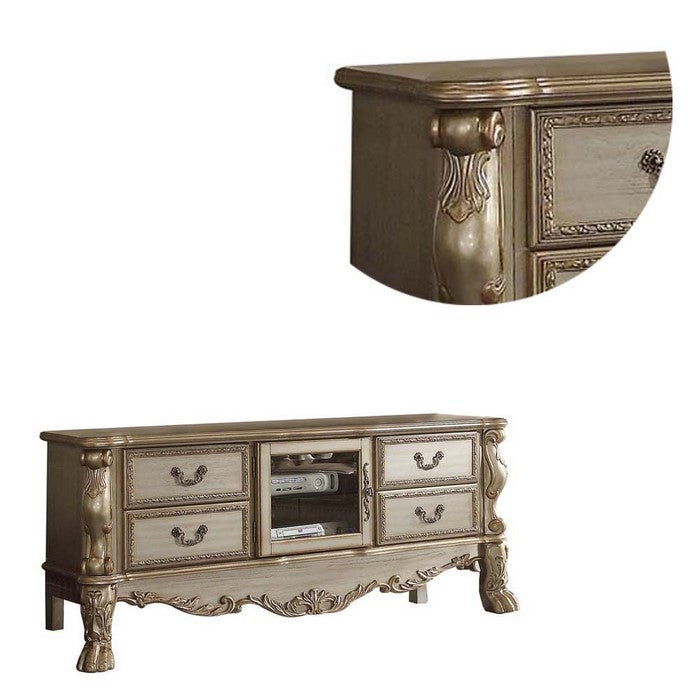 4 Drawer Wooden TV Stand with Carved Details and Center Glass Door, Gold