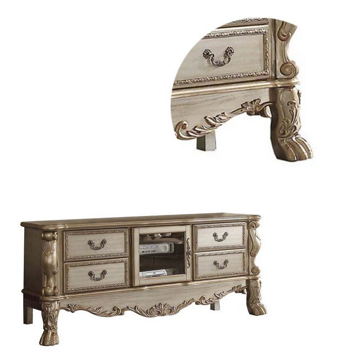 4 Drawer Wooden TV Stand with Carved Details and Center Glass Door, Gold