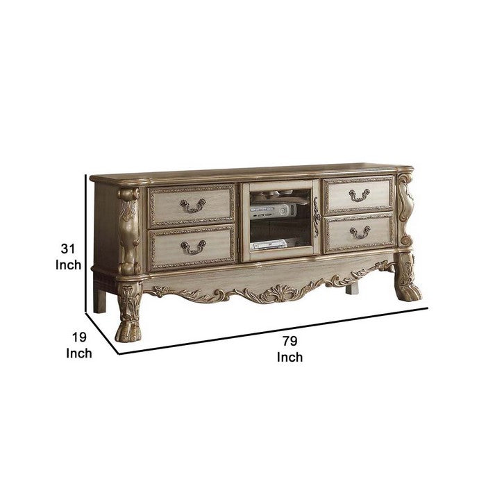 4 Drawer Wooden TV Stand with Carved Details and Center Glass Door, Gold
