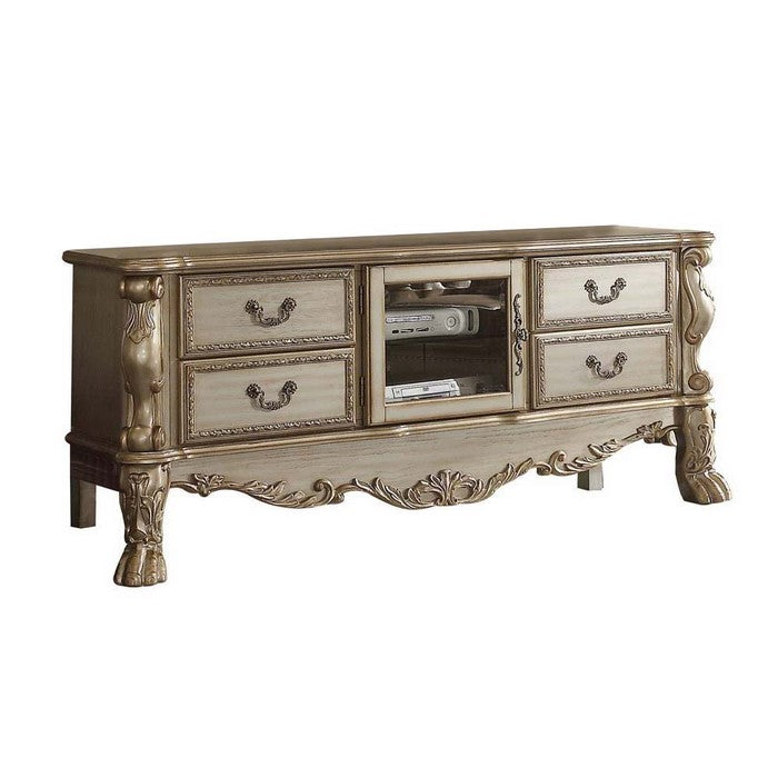 4 Drawer Wooden TV Stand with Carved Details and Center Glass Door, Gold