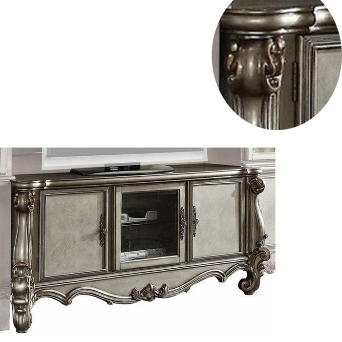 3 Door Wooden TV Stand with Wooden Carving and Scrolled Legs, Silver