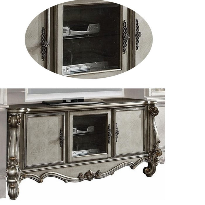 3 Door Wooden TV Stand with Wooden Carving and Scrolled Legs, Silver