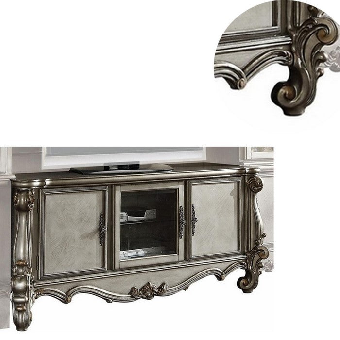3 Door Wooden TV Stand with Wooden Carving and Scrolled Legs, Silver