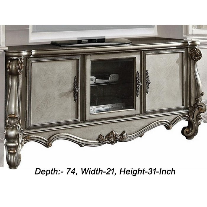 3 Door Wooden TV Stand with Wooden Carving and Scrolled Legs, Silver