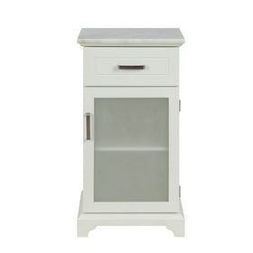 1 Drawer Wooden Cabinet with Frosted Glass Door and Marble Top, White