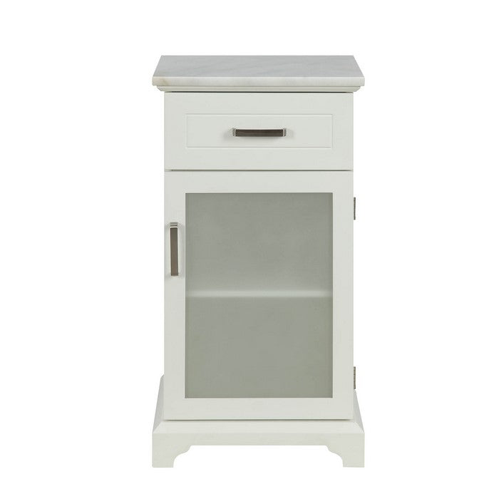 1 Drawer Wooden Cabinet with Frosted Glass Door and Marble Top, White