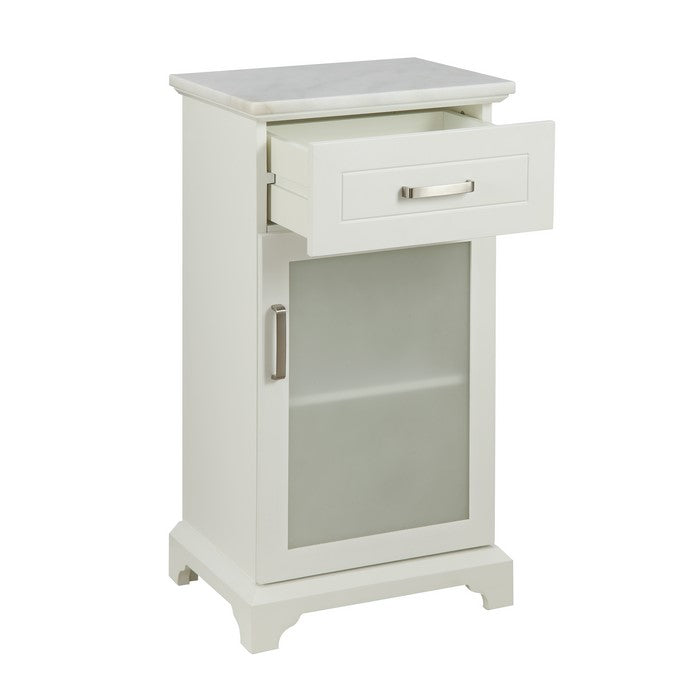 1 Drawer Wooden Cabinet with Frosted Glass Door and Marble Top, White