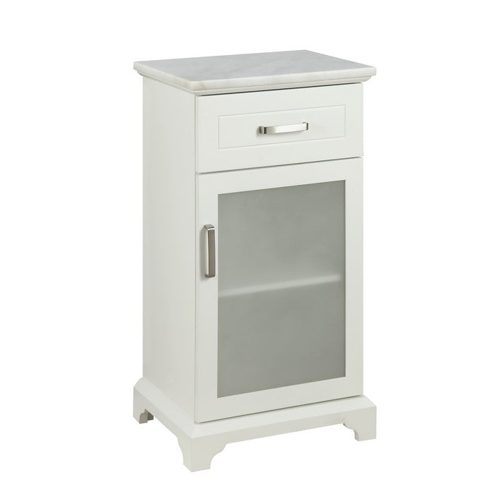 1 Drawer Wooden Cabinet with Frosted Glass Door and Marble Top, White