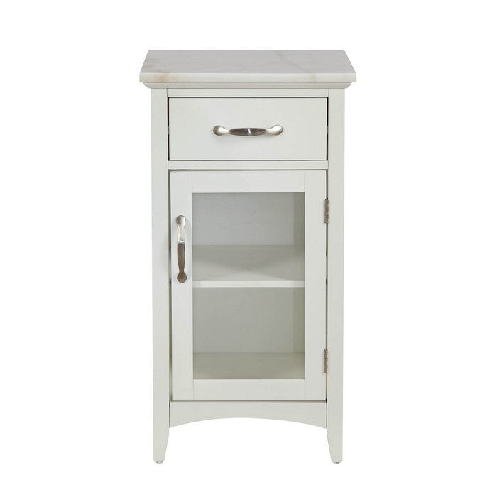 1 Drawer Wooden Cabinet with Glass Door and Marble Top, White
