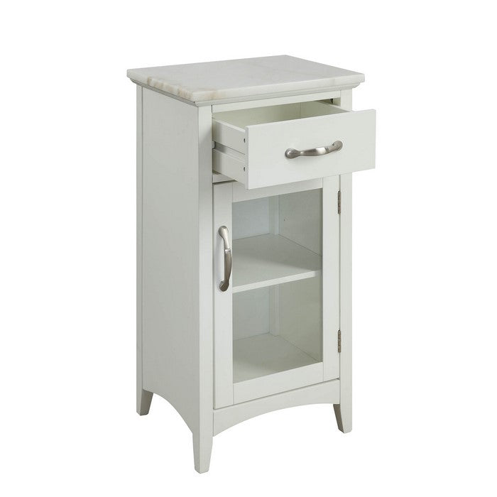 1 Drawer Wooden Cabinet with Glass Door and Marble Top, White