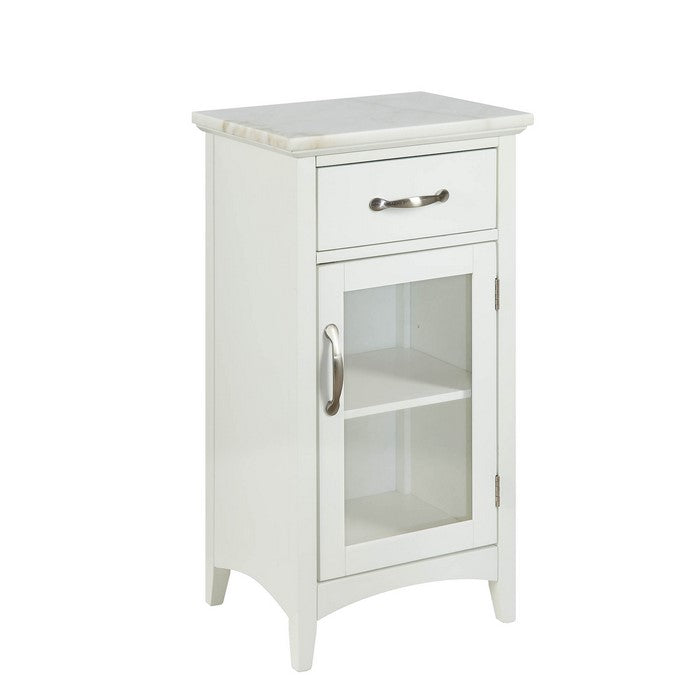 1 Drawer Wooden Cabinet with Glass Door and Marble Top, White