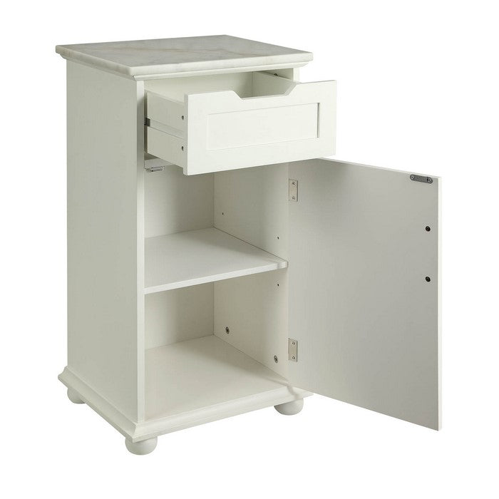 1 Door Wooden Cabinet with Carved Pull Drawer and Marble Top, White