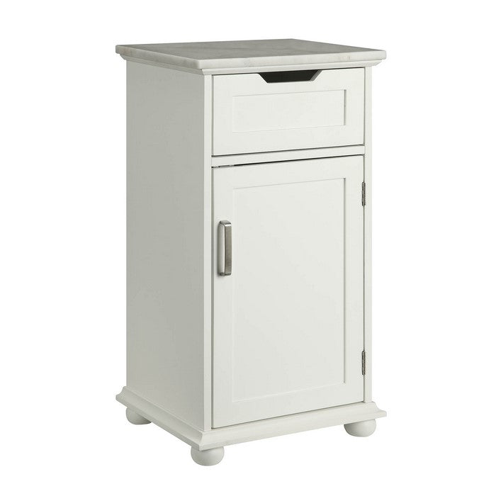 1 Door Wooden Cabinet with Carved Pull Drawer and Marble Top, White