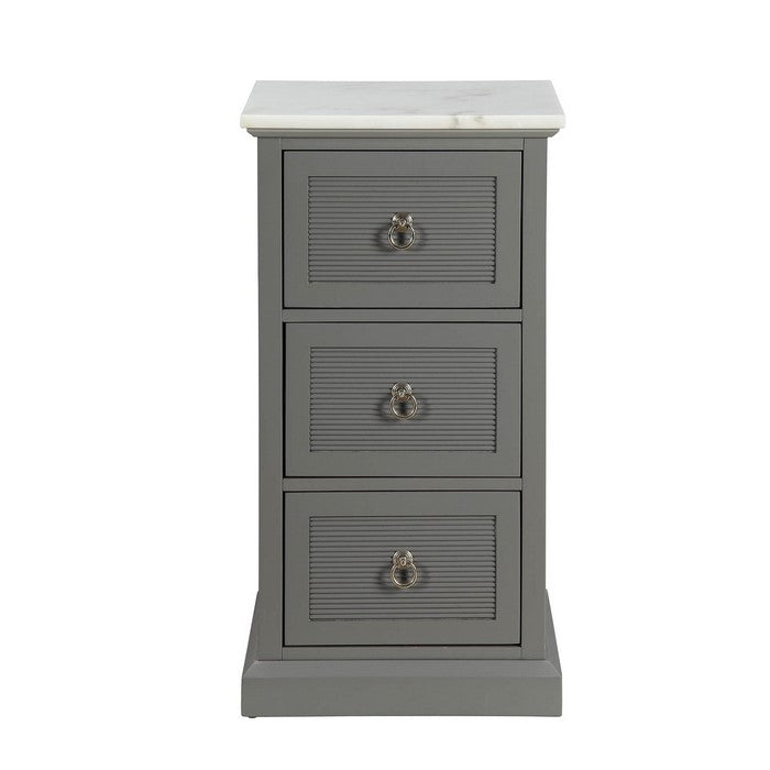 3 Drawer Wooden Cabinet with Shutter Design and Marble Top, Gray and White