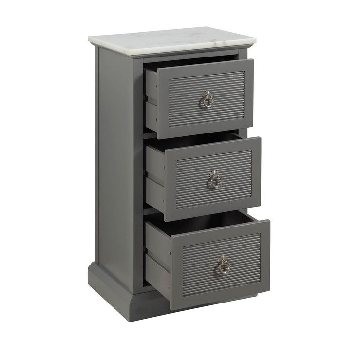 3 Drawer Wooden Cabinet with Shutter Design and Marble Top, Gray and White