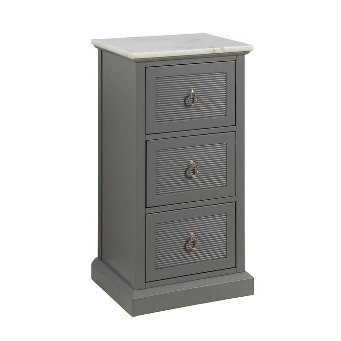 3 Drawer Wooden Cabinet with Shutter Design and Marble Top, Gray and White