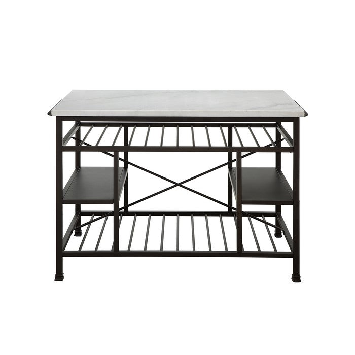 Marble Top Metal Kitchen Island with 2 Slated Shelves, Brown and White