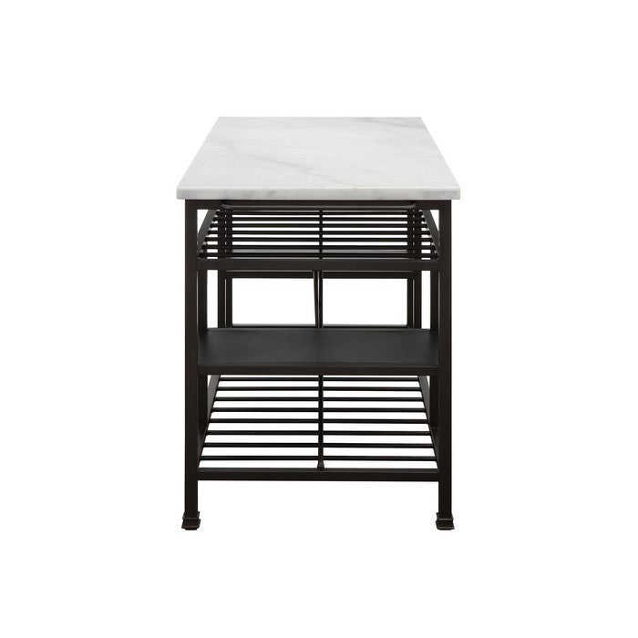 Marble Top Metal Kitchen Island with 2 Slated Shelves, Brown and White