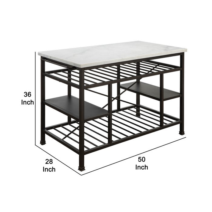 Marble Top Metal Kitchen Island with 2 Slated Shelves, Brown and White