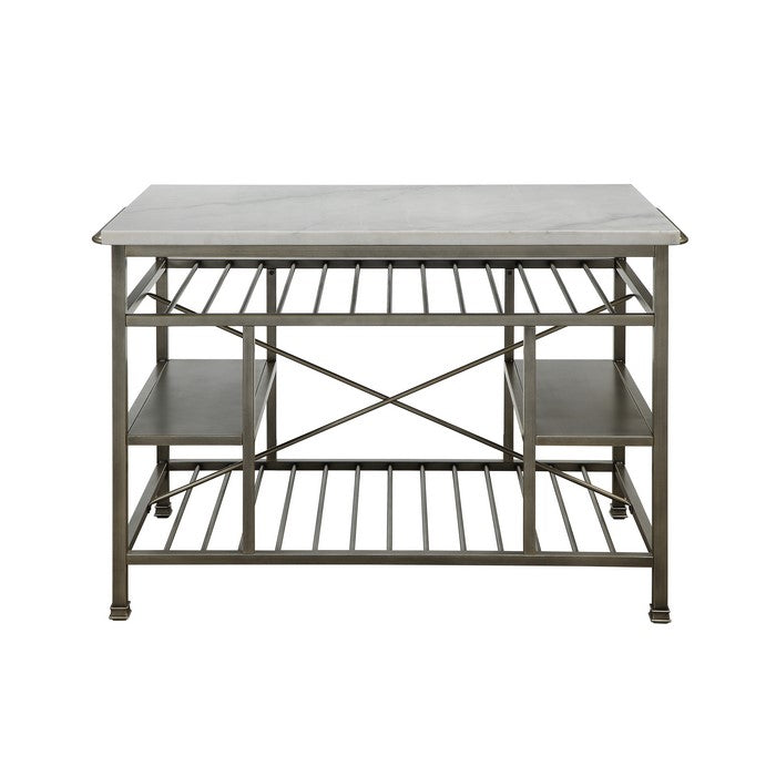 Marble Top Metal Kitchen Island with 2 Slated Shelves, Gray and White