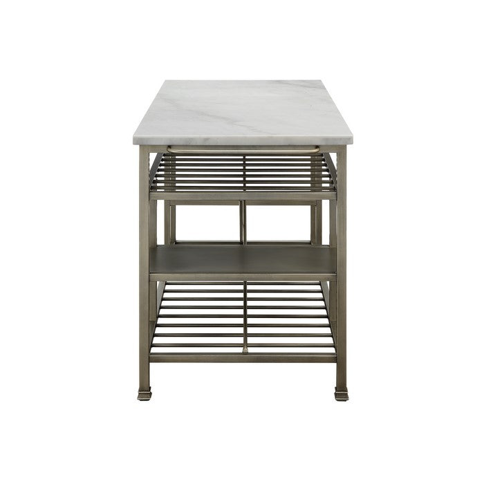 Marble Top Metal Kitchen Island with 2 Slated Shelves, Gray and White