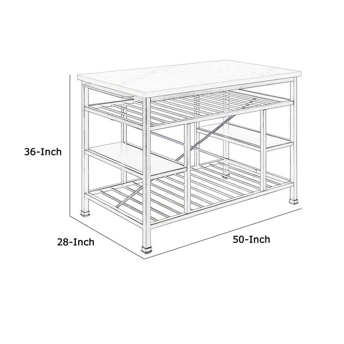 Marble Top Metal Kitchen Island with 2 Slated Shelves, Gray and White