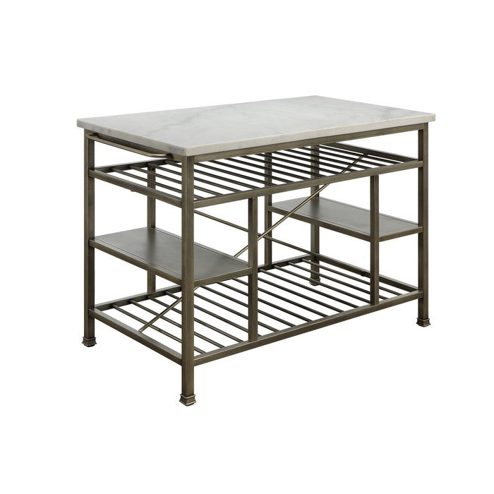 Marble Top Metal Kitchen Island with 2 Slated Shelves, Gray and White