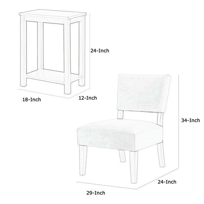 3 Piece Accent Table and Chair with Fabric Upholstery, White