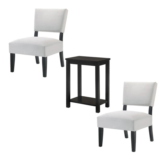 3 Piece Accent Table and Chair with Fabric Upholstery, White