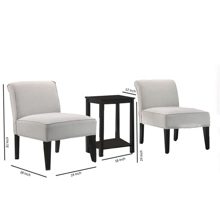 3 Piece Accent Table and Armless Chair with Wooden Legs, Light Gray