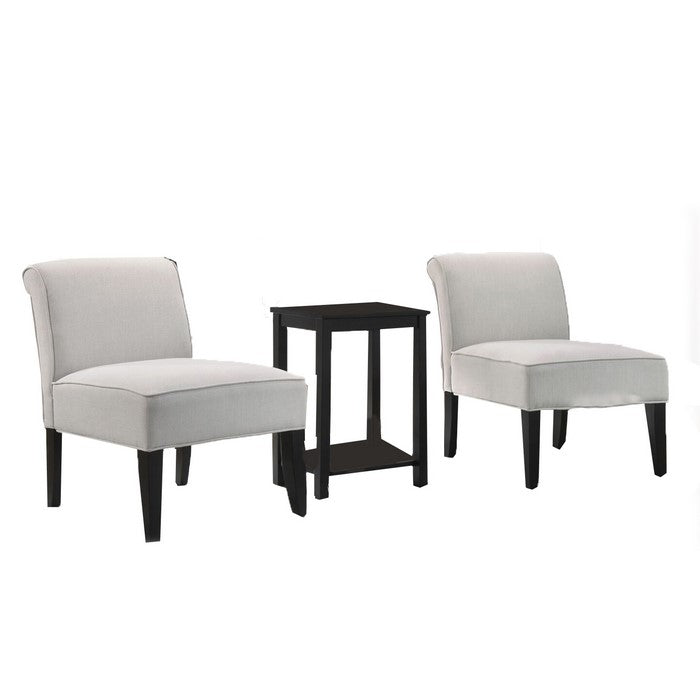 3 Piece Accent Table and Armless Chair with Wooden Legs, Light Gray