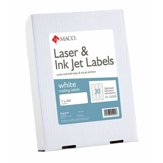 MACO Laser/Ink Jet White Address Labels, 1 x 2-5/8 Inches, 30 Per Sheet, 7500 Per Box (ML-3000B)