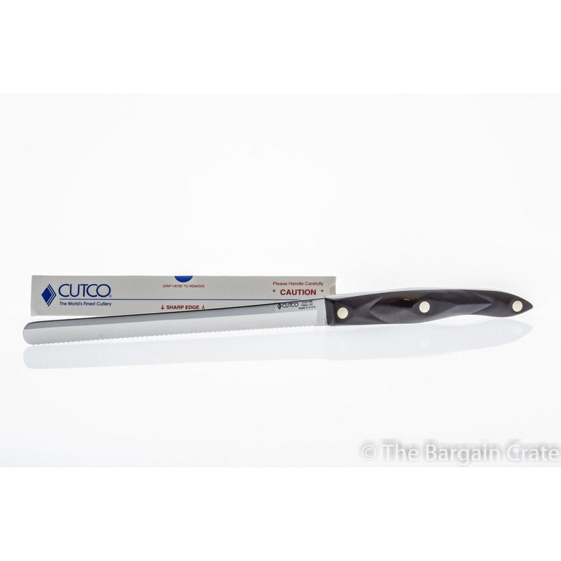 CUTCO Model 2124 Petite Slicer....7.8” High Carbon Stainless Double-D (DD) serrated blade....5.7” thermo-resin handle in Classic dark brown (sometimes called black)