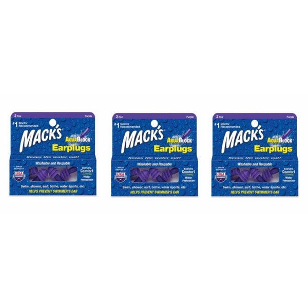 Mack's AquaBlock Earplugs - Purple (2 pair) Pack of 3