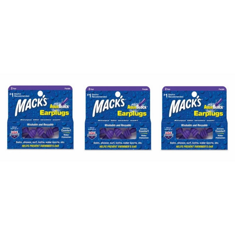 Mack's AquaBlock Earplugs - Purple (2 pair) Pack of 3