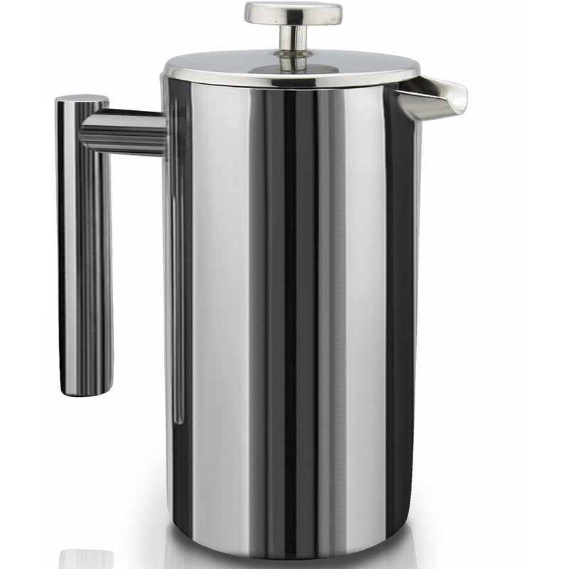 French Press Double-Wall Stainless Steel Mirror Finish (1L) Coffee/Tea Maker: Double-Screen System 100% No Coffee Grounds Guarantee, 18/10 Stainless Steel, Rust-Free, Dishwasher Safe,