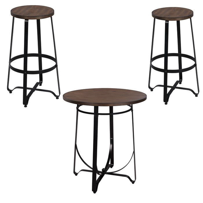 3 Piece Wood and Metal Bar Set with X Shape Base, Walnut Brown and Black