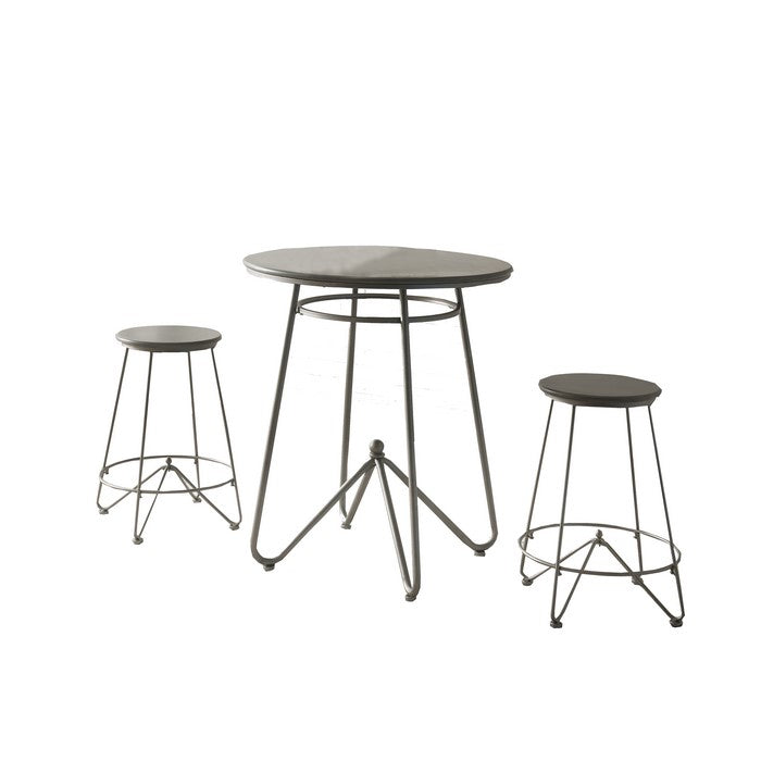 3 Piece Round Top Counter Height Set with Raised Metal Base, Oak Gray