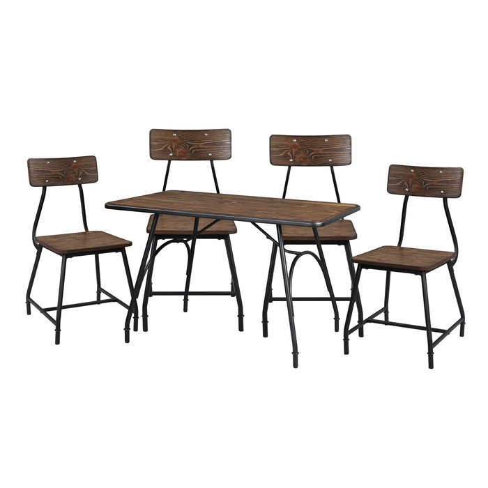 5 Piece Dining Set with Wooden Seat and Metal Base, Brown and Black