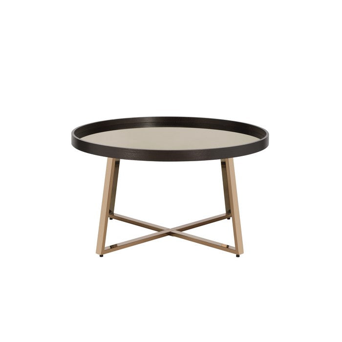 Mirror Top Coffee Table with Slanted Crossed Metal Legs, Black and Gold