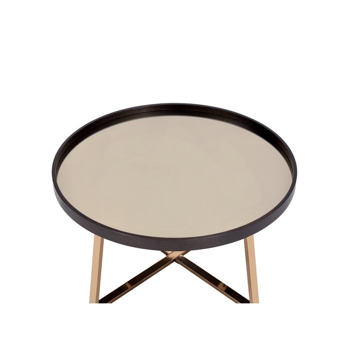 Mirror Top Coffee Table with Slanted Crossed Metal Legs, Black and Gold