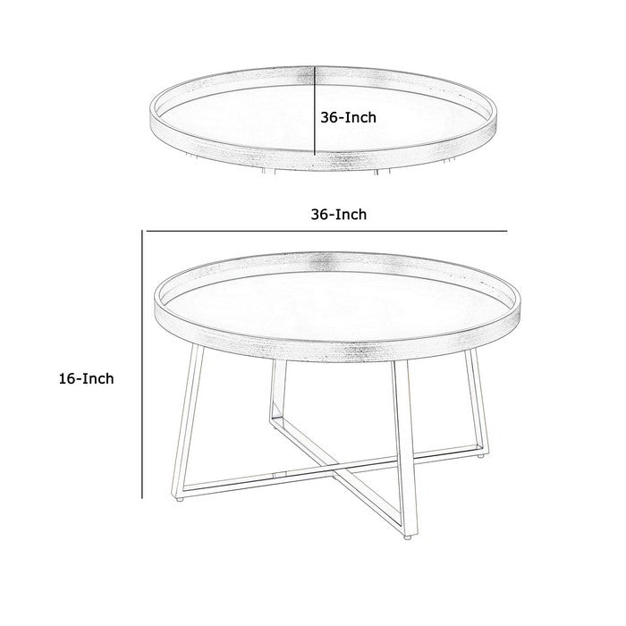 Mirror Top Coffee Table with Slanted Crossed Metal Legs, Black and Gold