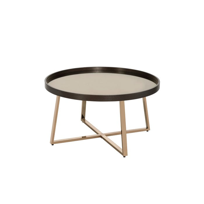 Mirror Top Coffee Table with Slanted Crossed Metal Legs, Black and Gold