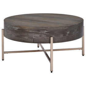 1 Drawer Round Modern Coffee Table with Crossed Metal Legs, Brown and Gold