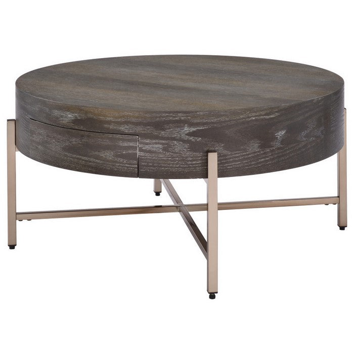 1 Drawer Round Modern Coffee Table with Crossed Metal Legs, Brown and Gold