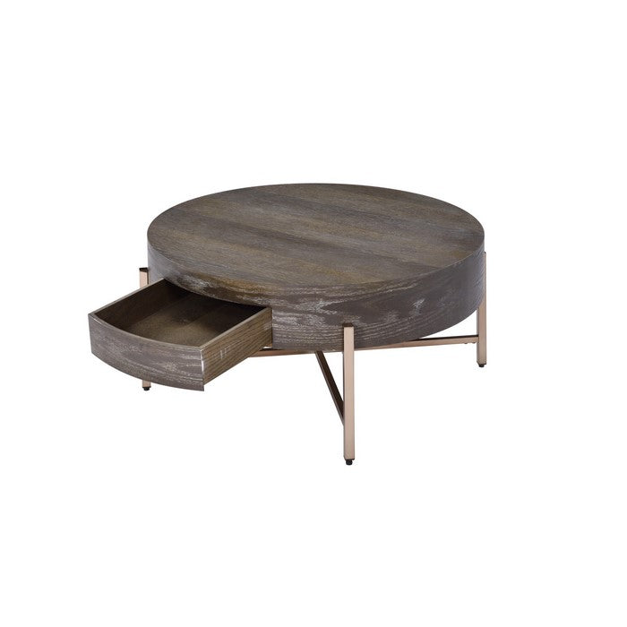 1 Drawer Round Modern Coffee Table with Crossed Metal Legs, Brown and Gold