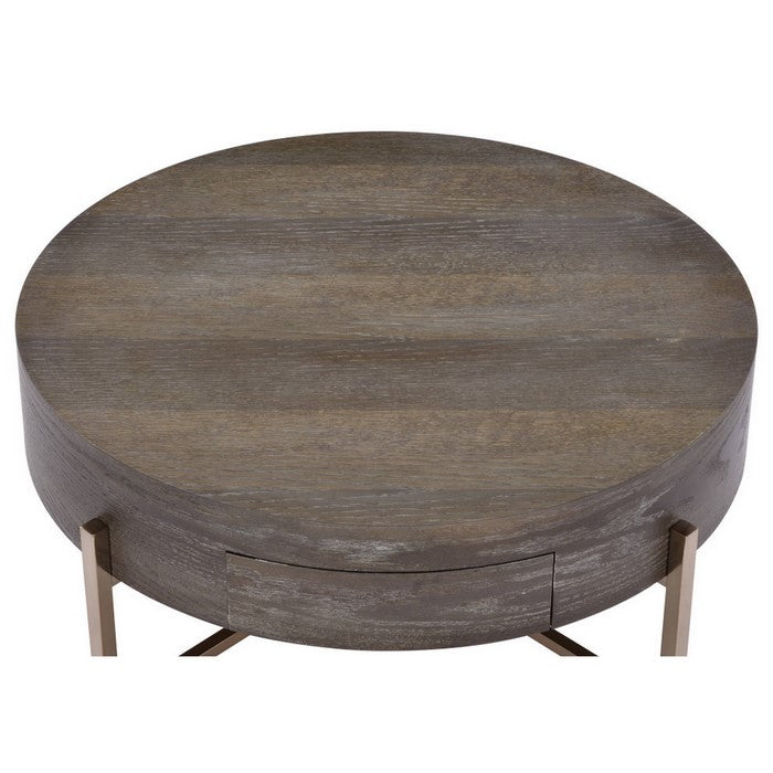 1 Drawer Round Modern Coffee Table with Crossed Metal Legs, Brown and Gold