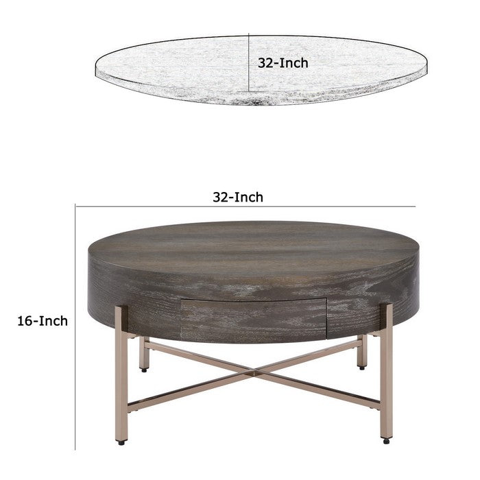 1 Drawer Round Modern Coffee Table with Crossed Metal Legs, Brown and Gold