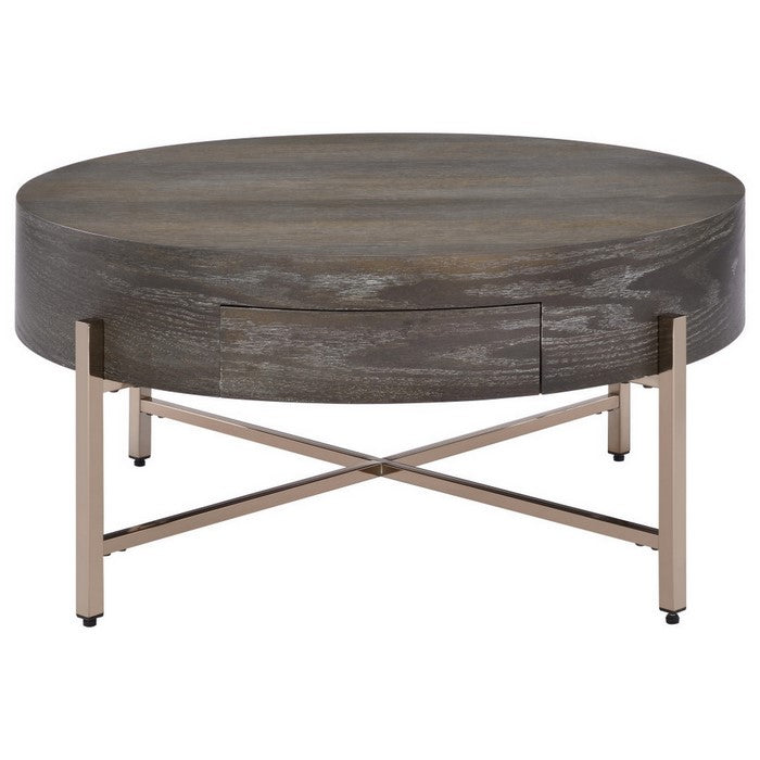 1 Drawer Round Modern Coffee Table with Crossed Metal Legs, Brown and Gold